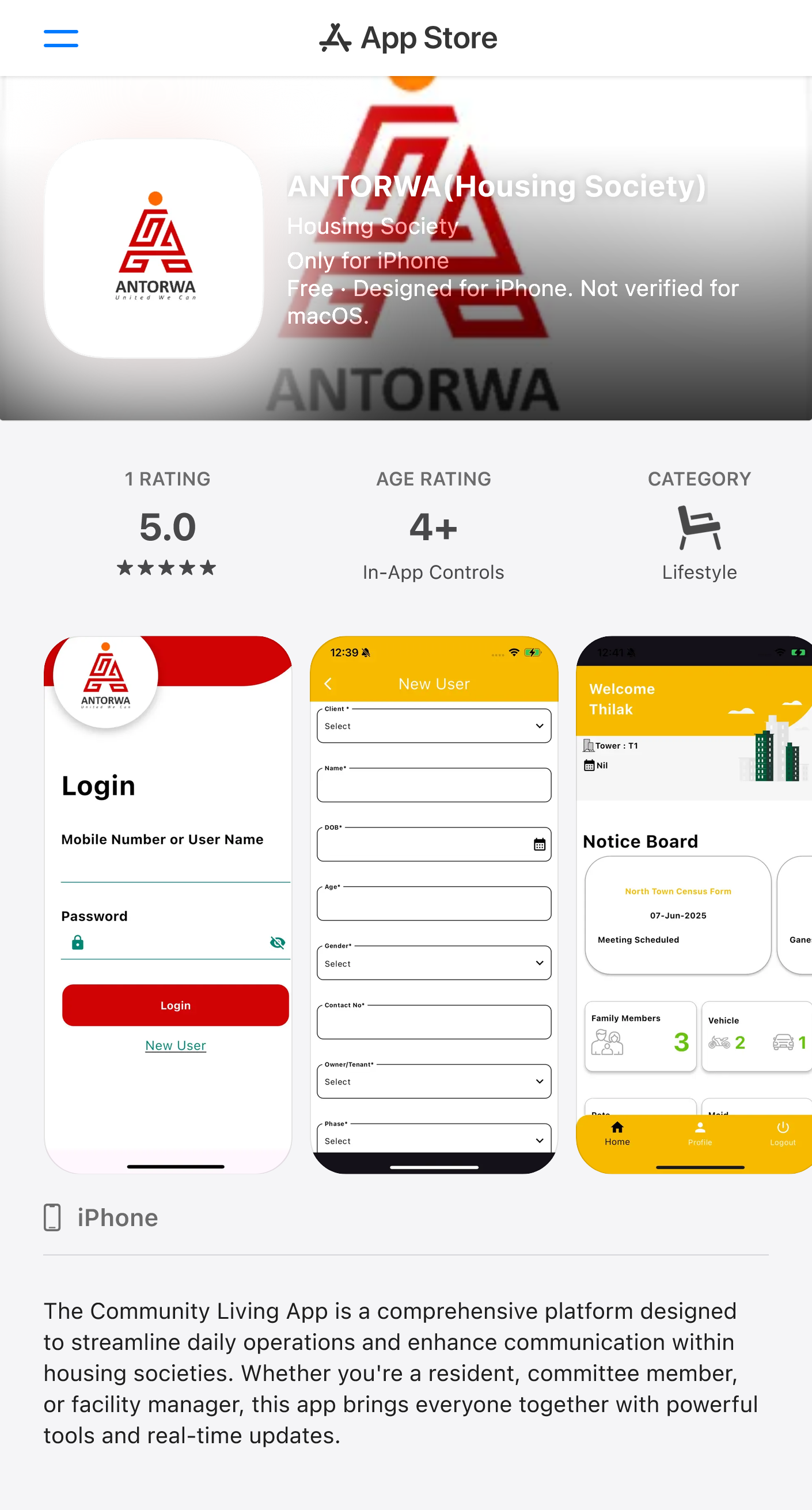 Antorwa housing society management app on Apple App Store