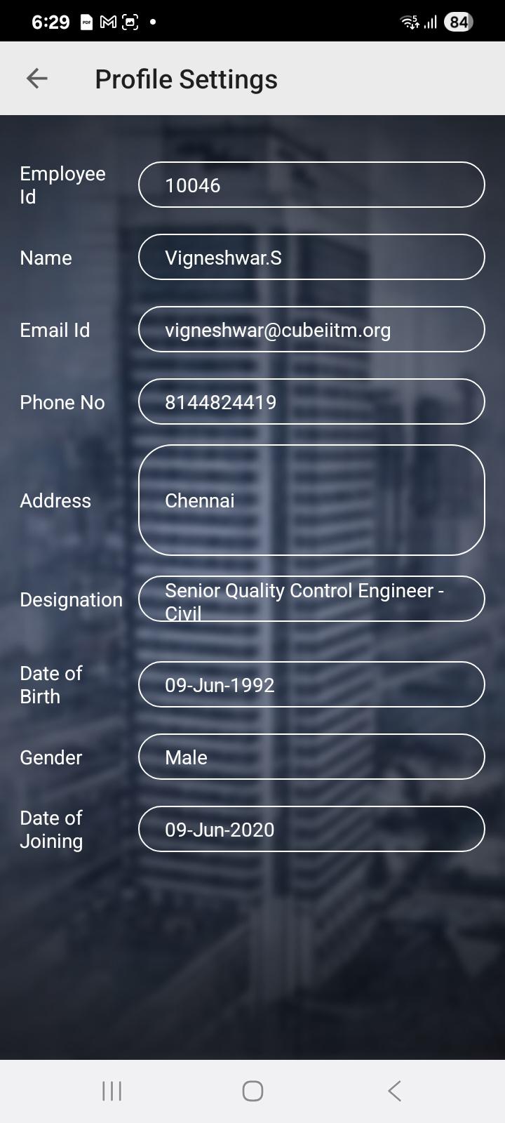 QSCAN construction inspection app profile screen for managing user information