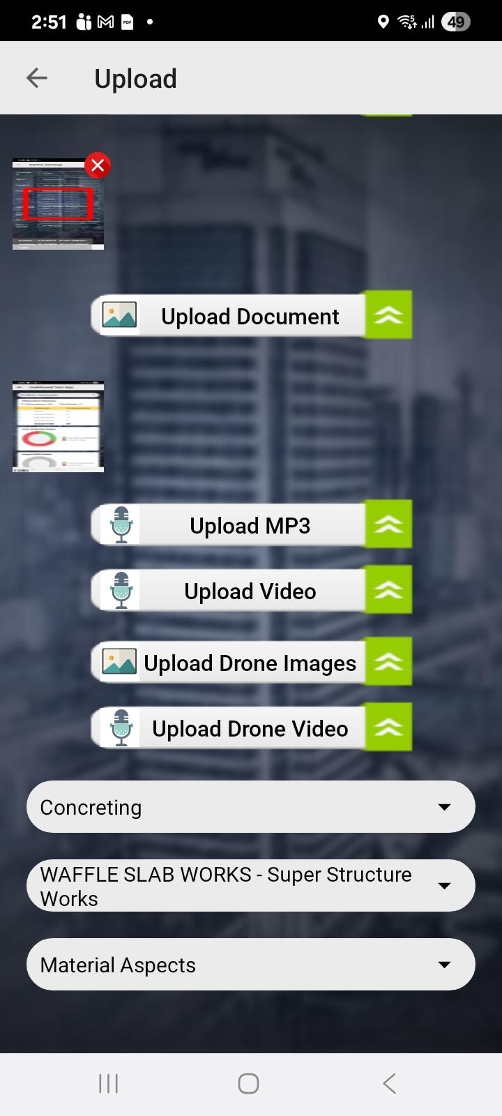 QSCAN construction inspection app upload screen for submitting site inspection images and documents